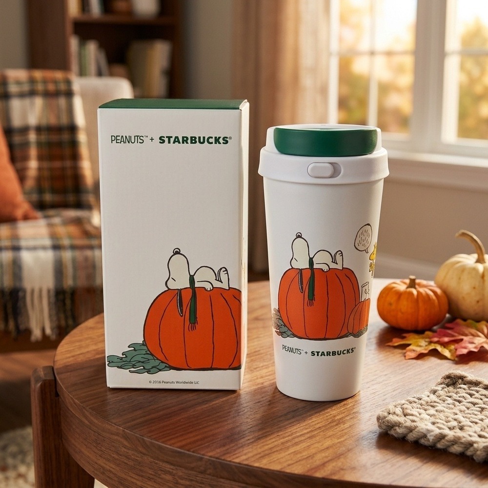 NIB Starbucks Peanuts Snoopy Great Pumpkin Stainless Steel Tumbler 16oz White